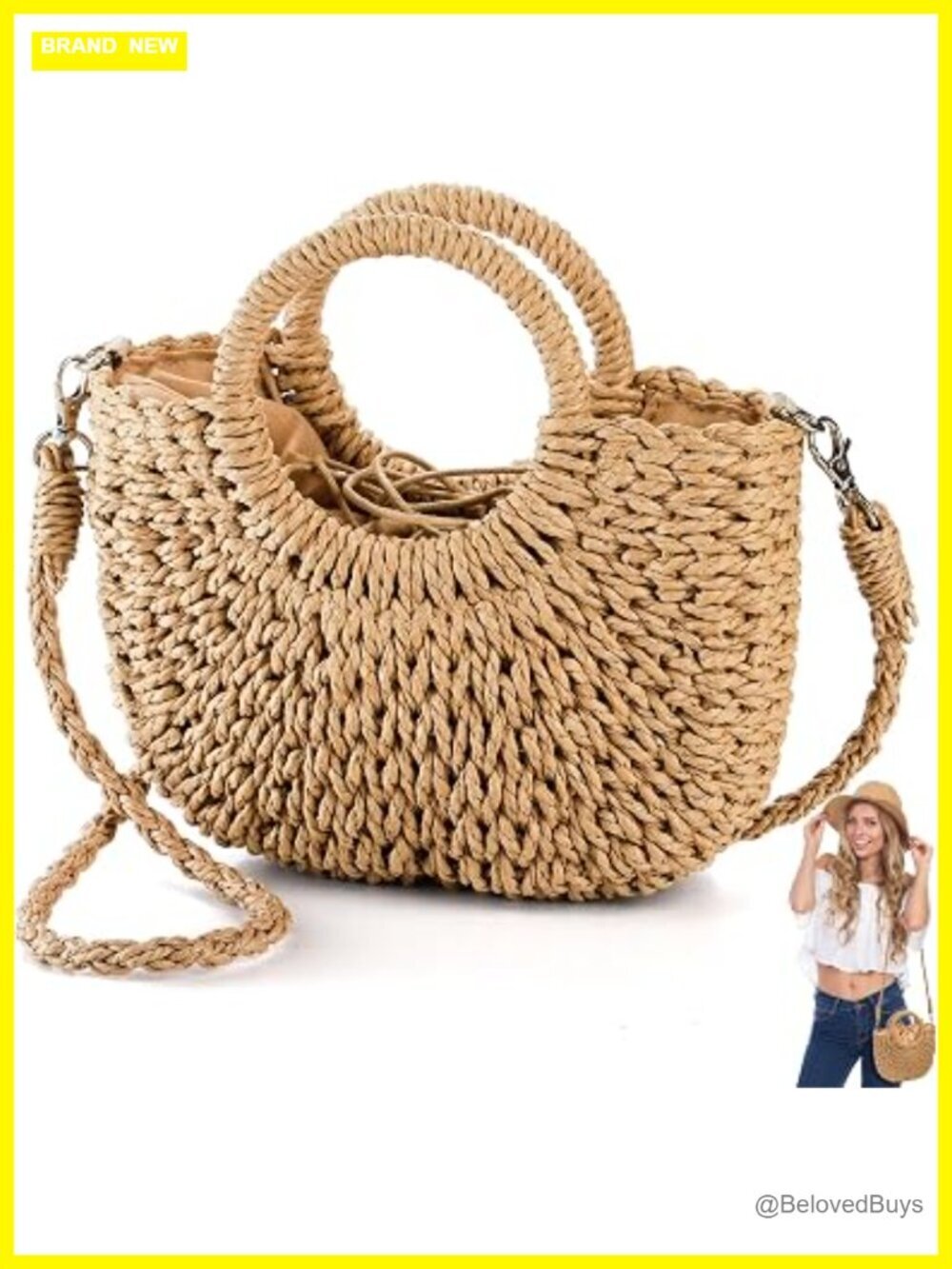 Straw Beach Handbag, Summer Boho Rattan Purse, Drawstring Tote